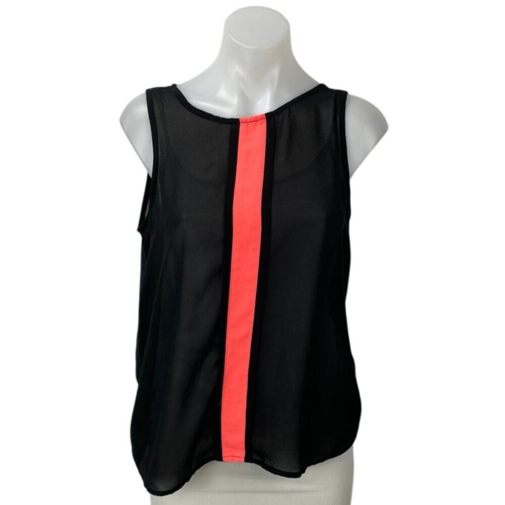 Chloe K Black Sleeveless Striped Colorblock Semi Sheer Tank Blouse Top Size S